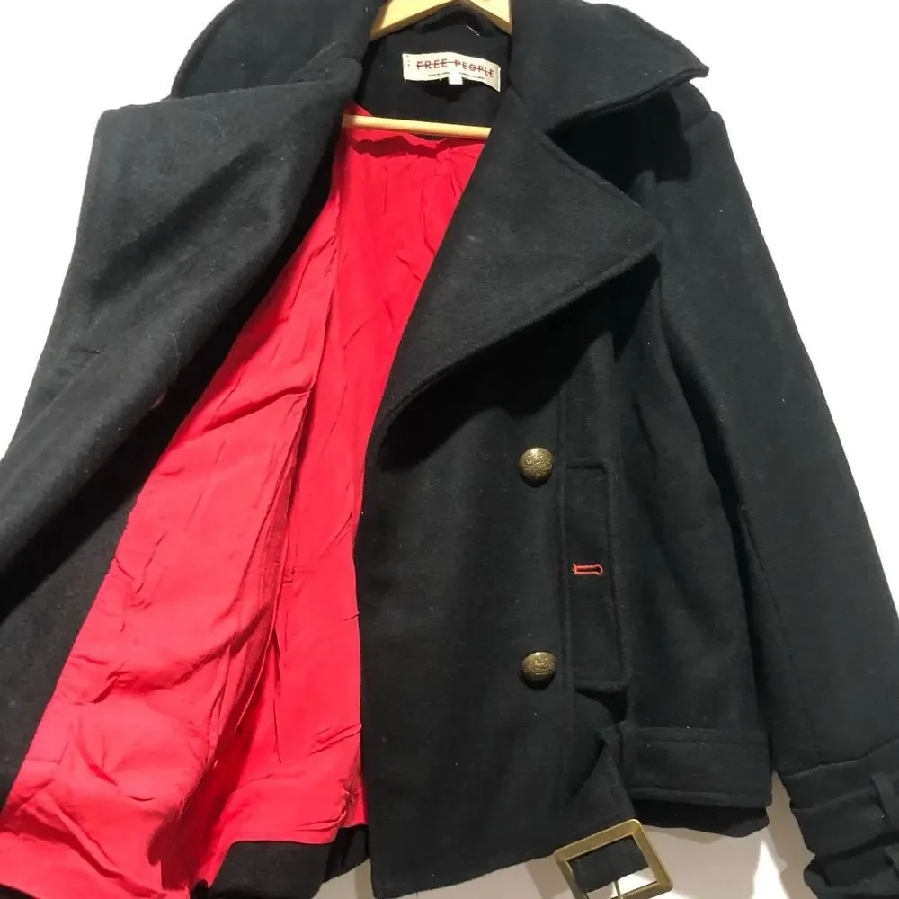 Free People Manteau Cecelia Peacoat Button Front Buckle Detail Black M $348 - Picture 8 of 16